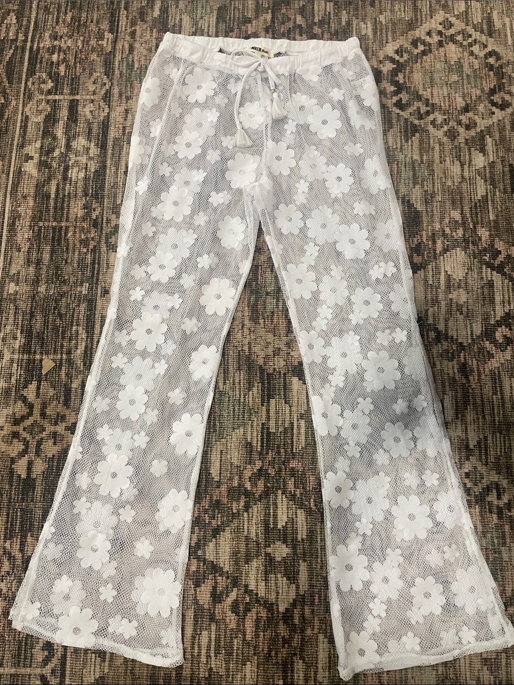 White Floral Mesh Drawstring Pants/Cover Up with Flare Slit Leg